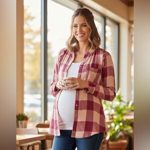Time and Tru Maternity Plaid Button Down Shirt - Pink & Mauve - Size Small